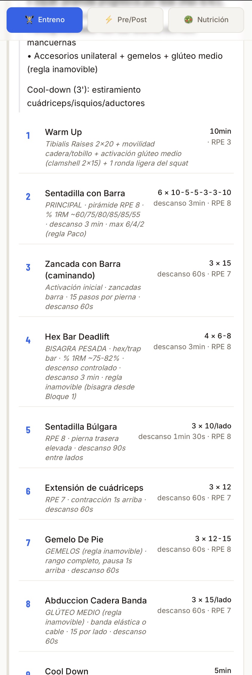 Tu día está listo cuando abres la app — Abres y ves qué toca hoy. Series, reps, RPE (el esfuerzo del 1 al 10 — te lo exp