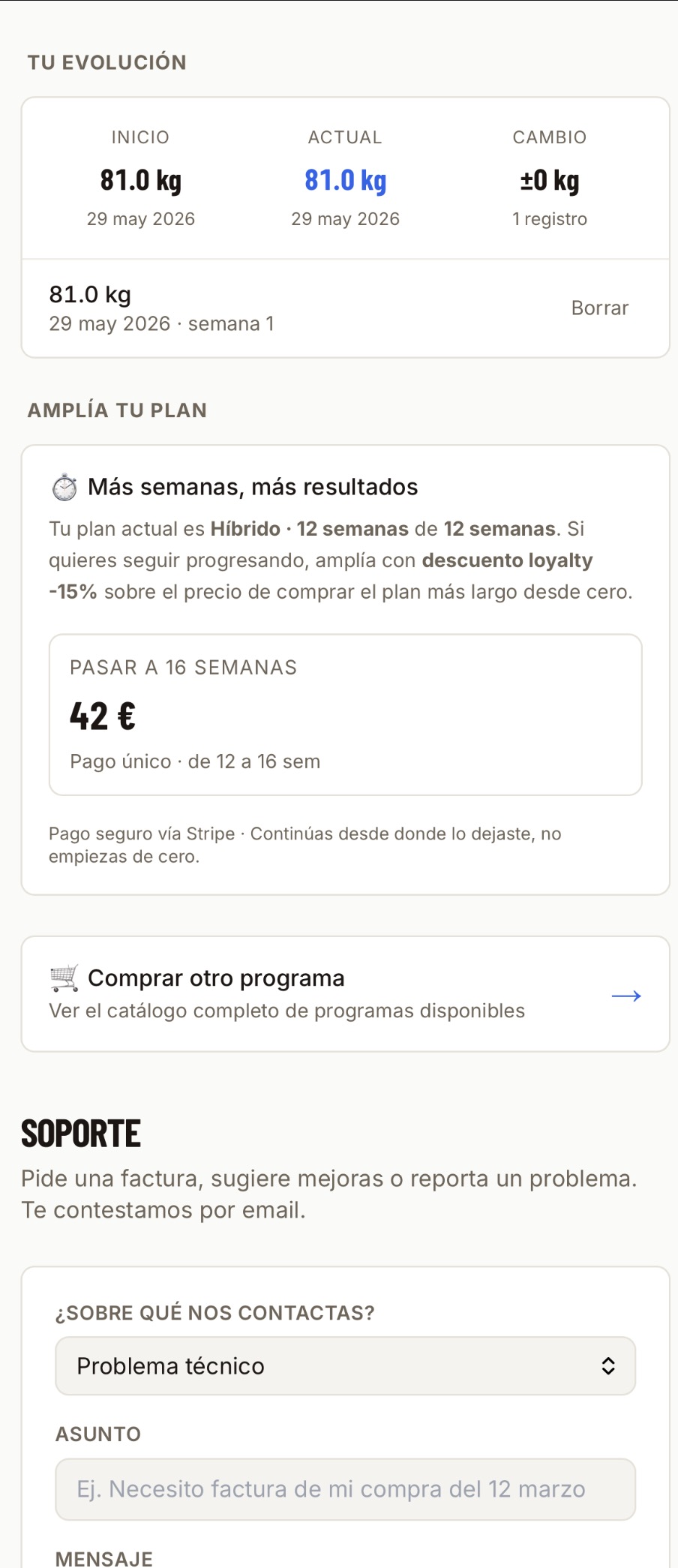 Datos, no sensaciones — Tu peso semana a semana en una gráfica. Tus macros actuales. Tus datos físicos e